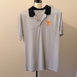 Nike Men's White & Black Striped Polo with Orange Chest Emblem
